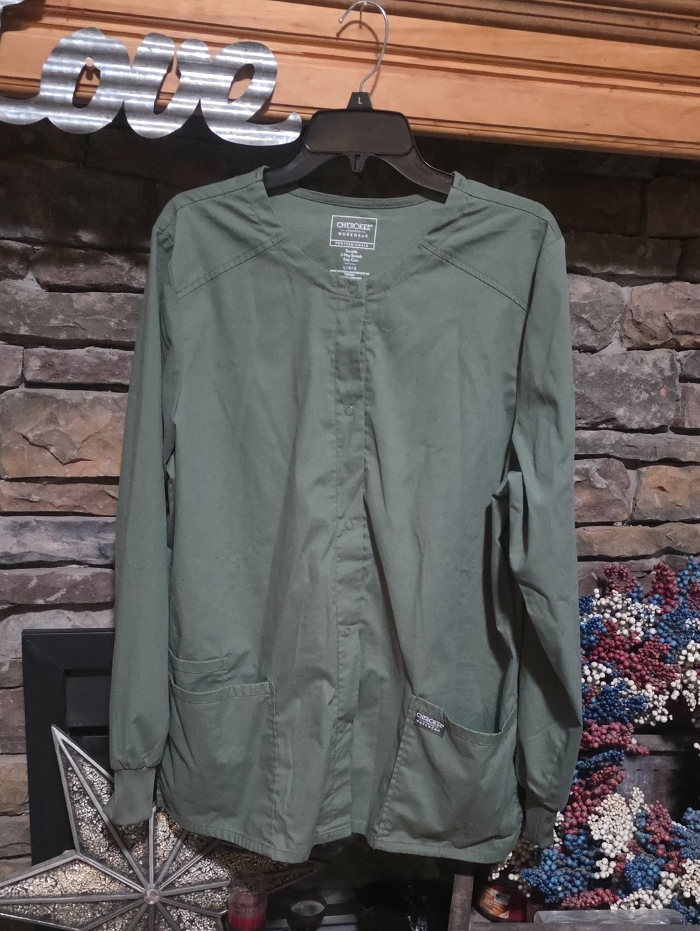 Cherokee Workwear Two-way Stretch Easy Care Olive Button-up Jacket Size Large